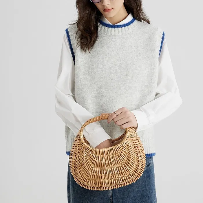 北欧风灰色毛衣背心女秋针织衫打底上衣圆领学院风马甲