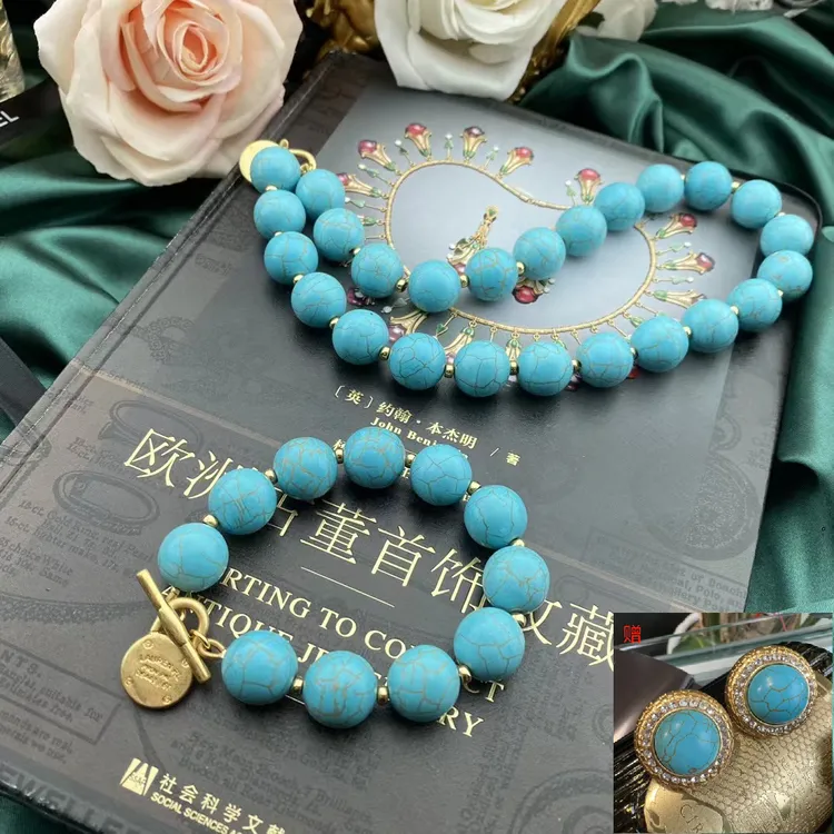 铜合金项链 松绿蓝色项链套装气质轻奢三件套   尺寸14mm