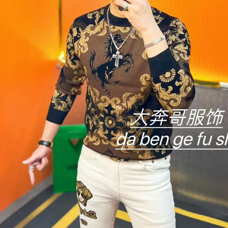 【大奔哥】9957时尚修身秋冬新款天鹅绒加厚烫钻提花百搭高弹帅毛衣