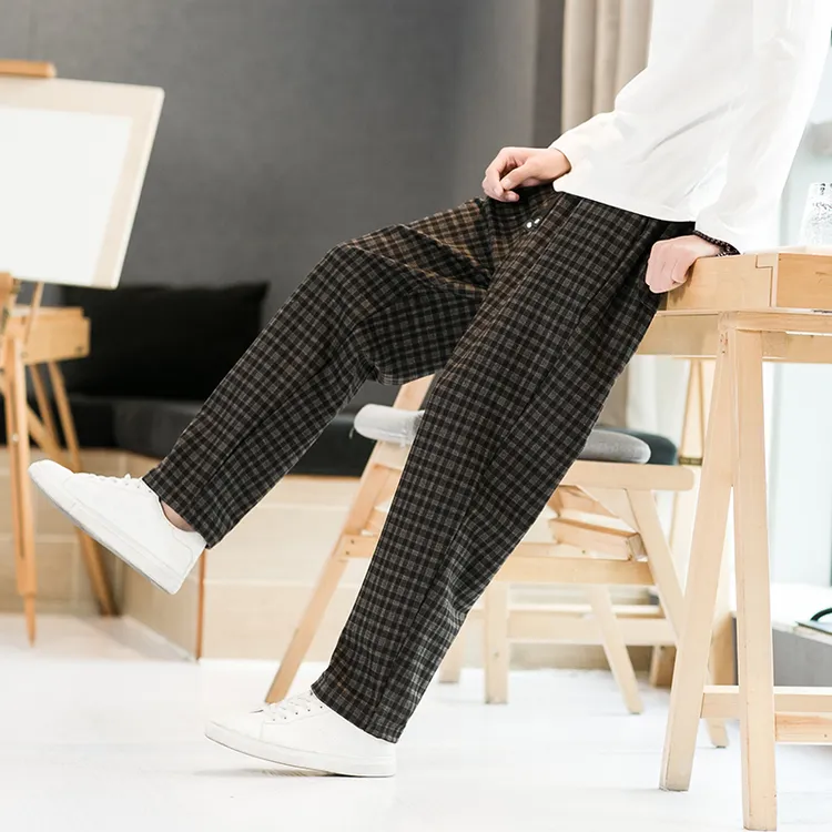 格子休闲长裤男士春秋季2024新款秋冬天潮牌运动宽松直筒卫裤子