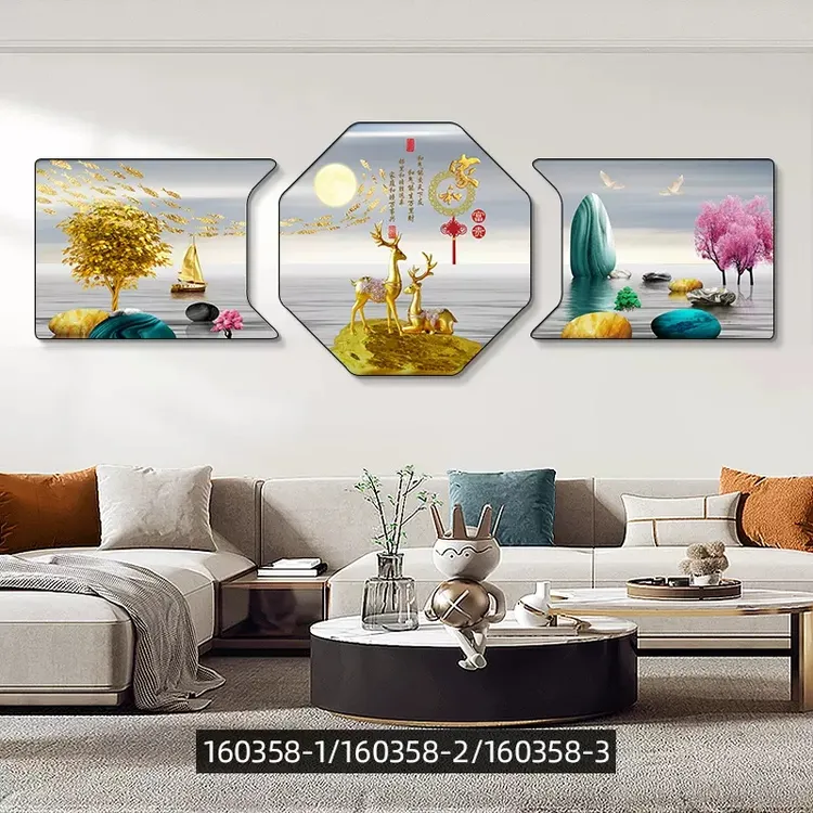 客厅装饰画现代轻奢时尚艺术简约三联挂饰壁画瓷画沙发背景画水晶