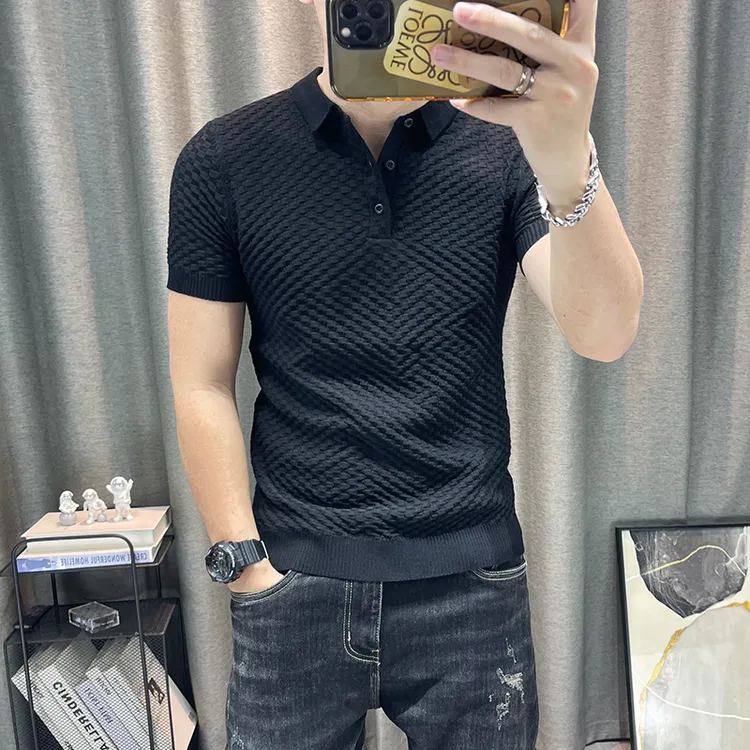 翻领针织衫男春夏新款男士polo领短袖毛衣弹力紧身青年毛线衣长衣