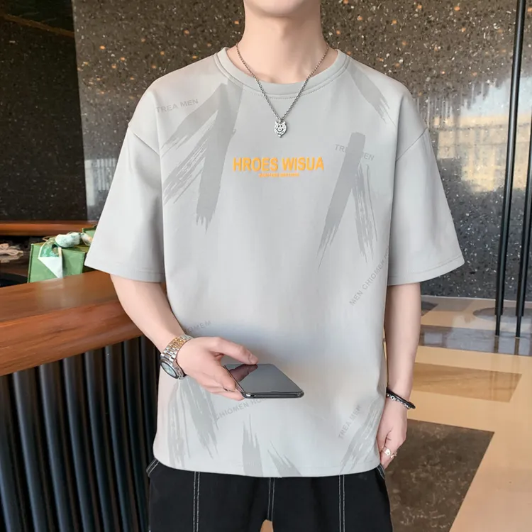 短袖T恤圆领大码男装港风宽松上衣新款竹叶印花T恤衫2025潮流上衣