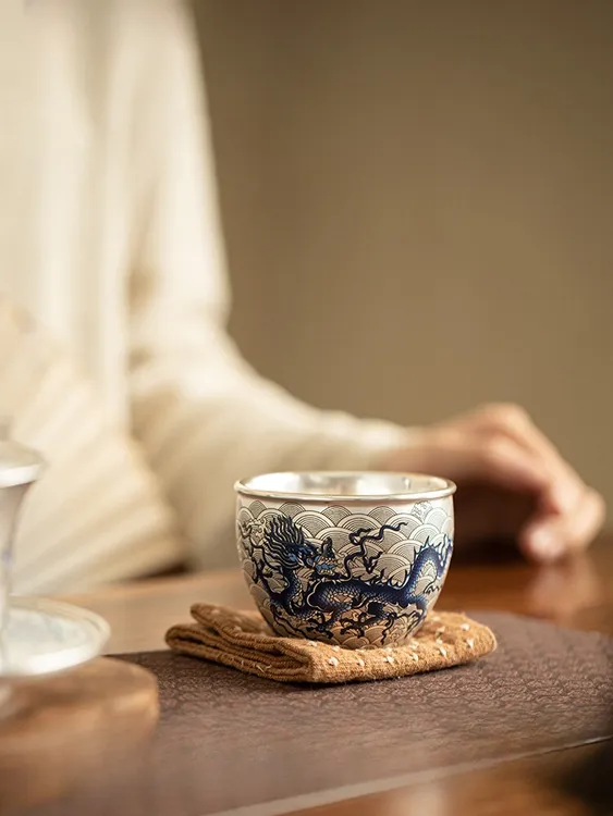 鎏银青花龙纹喝茶杯高档精致品茗杯家用个人杯中式茶具主人杯单杯