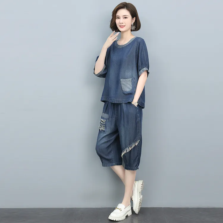 薄款牛仔裤时尚套装女2024夏季洋气妈妈小个子大码休闲宽松一整套