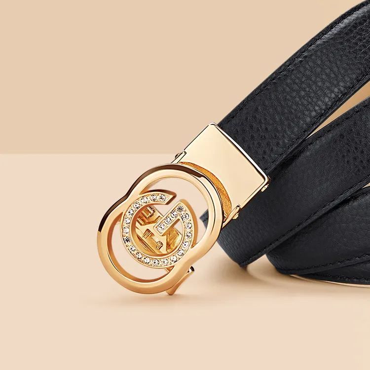 英皇保罗女士时尚腰带真牛皮休闲百搭自动扣皮带潮流高档简约真皮