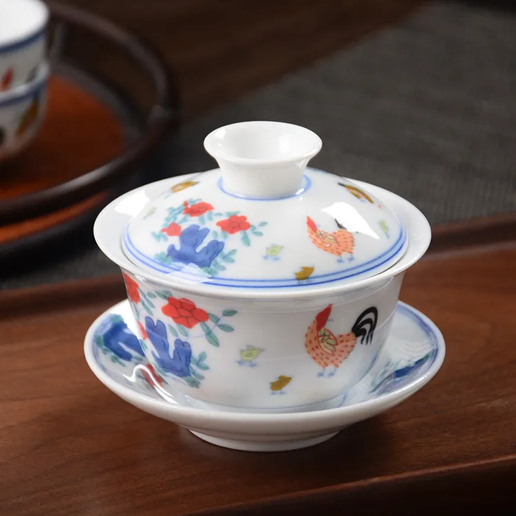 复古彩绘公鸡三才盖碗泡茶碗茶杯单个景德镇功夫茶具创意