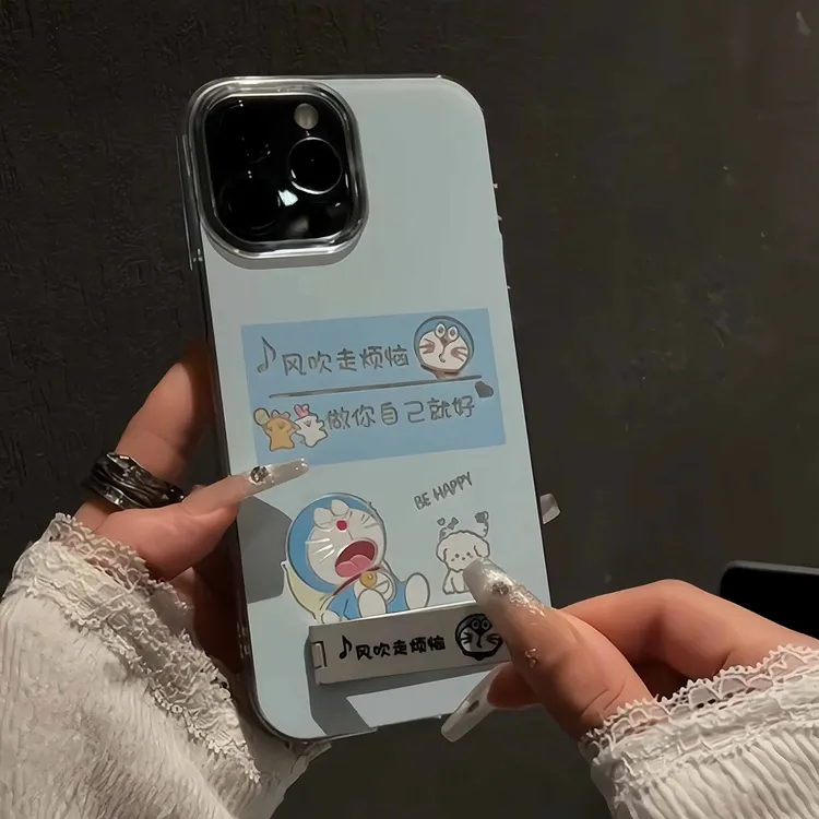 欧克里里可爱蓝胖子iphone15支架羽纱壳手机壳vivo华为oppo小米