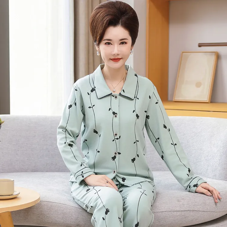 春秋季纯棉睡衣女长袖开衫新款套装中老年人妈妈加肥加大码家居服