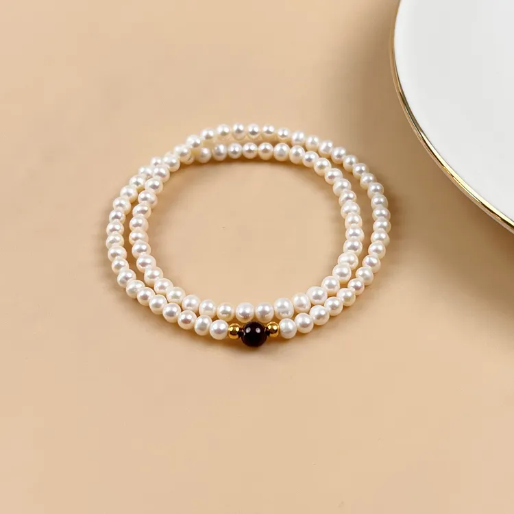 3-4m天然淡水珍珠双圈叠戴石榴石手链女白色轻奢百搭手工珍珠饰品