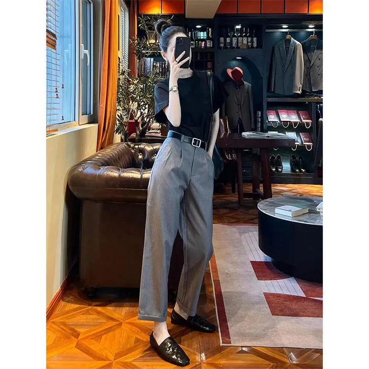 灰色裤子女2025春夏新款洋气九分阔腿裤小个子时尚休闲高腰西装裤