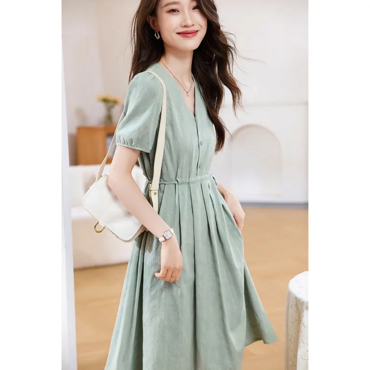 洋气提花纯色时尚系带裙子2024夏季新款气质优雅百搭显瘦连衣裙女