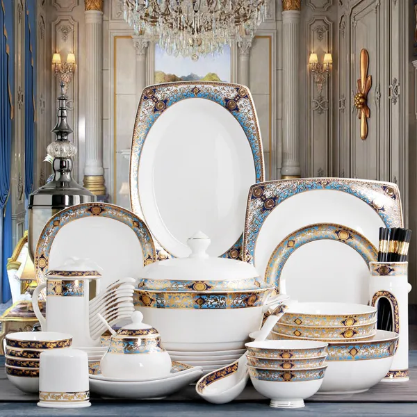 瑞玖轻奢餐具碗碟套装80头家用骨瓷碗盘欧式10人成套金色餐具套餐