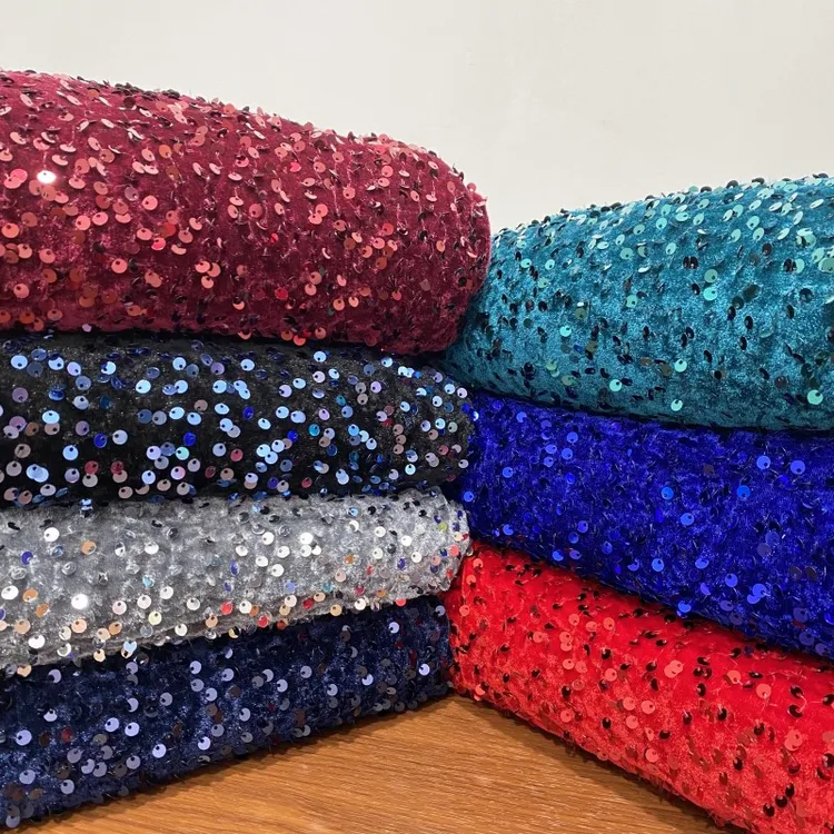 丝绒亮片泡沫绣面料珠片绣不倒绒演出服亮片布礼服布料金丝绒