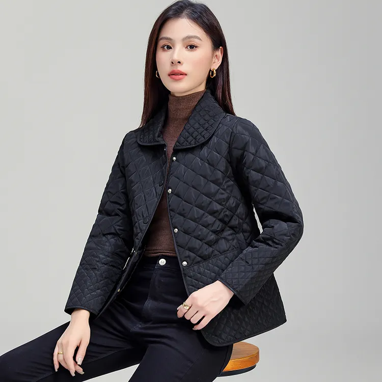 秋冬季新款菱形格子夹棉轻薄棉衣女士短款韩版宽松休闲薄棉服外套