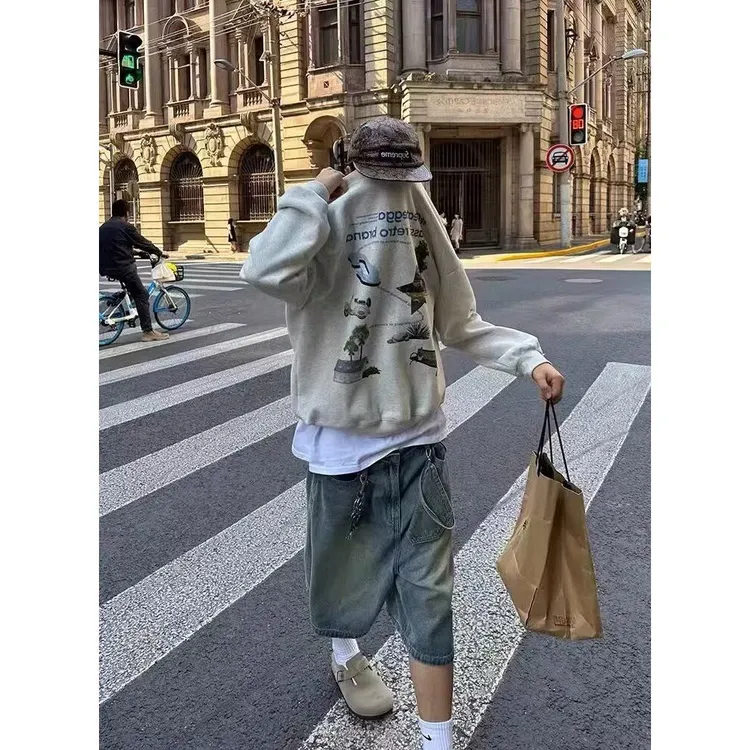 印花秋冬卫衣男2024年春秋季韩版新款圆领宽松上衣chic港风潮流潮