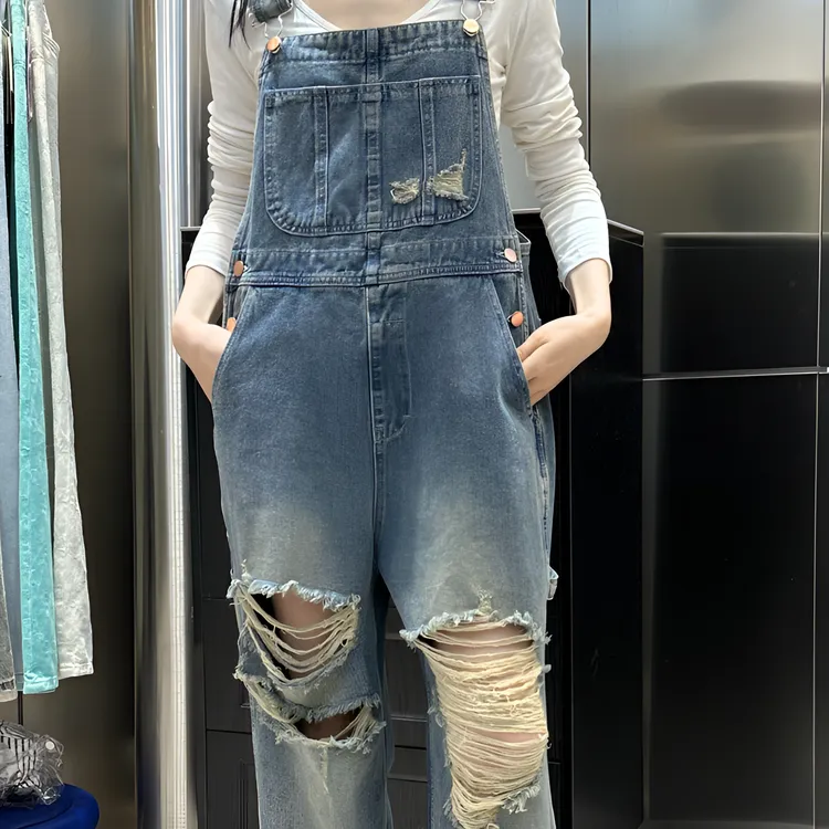 韩版时尚复古设计感直筒破洞宽松牛仔裤背带裤8988#广州安歌米-