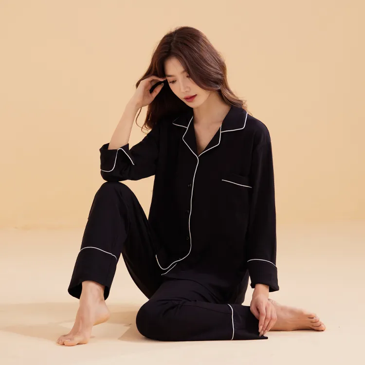 春秋季睡衣女纯棉长袖翻领两件套装开衫家居服宽松大码纯色简约冬