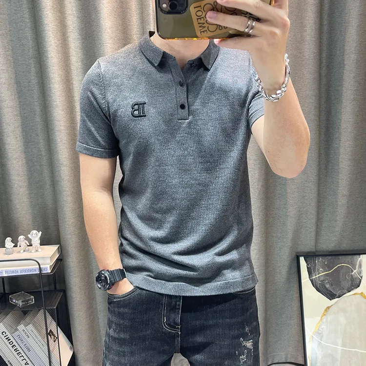 翻领短袖针织衫男修身半袖针织polo衫字母刺绣修身有领毛衣半袖潮