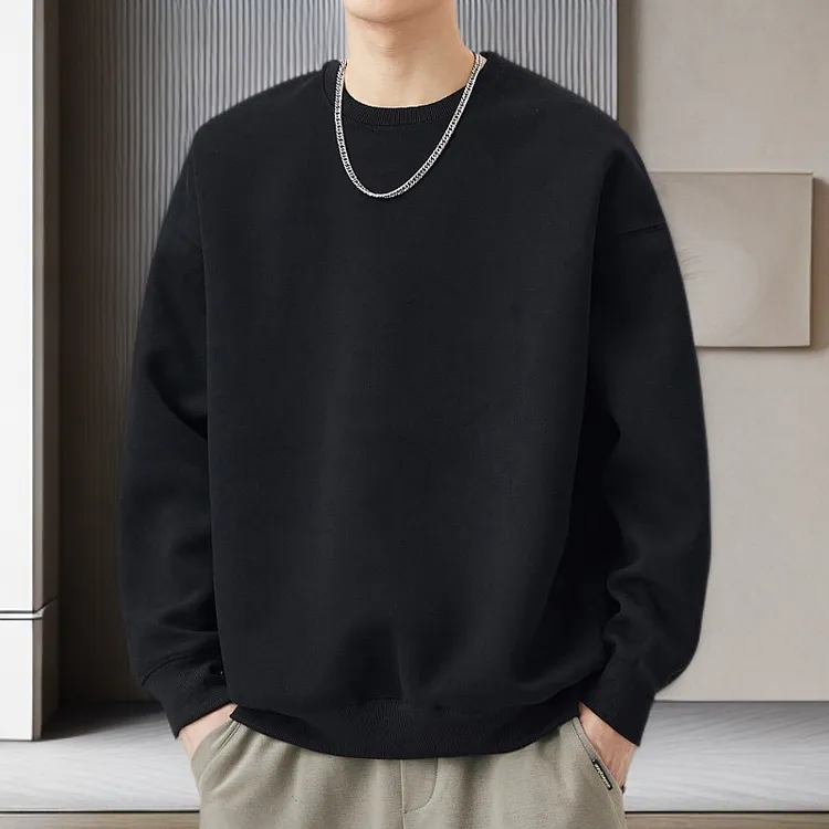 405克美式重磅纯色圆领卫衣男女同款宽松加绒打底上衣男士春秋款I