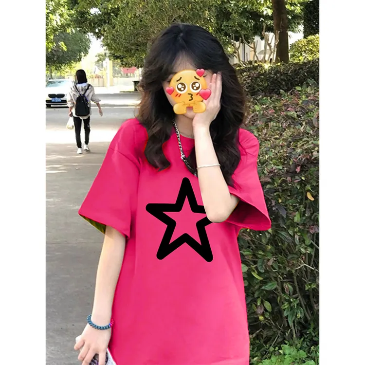 火龙果色潮牌星星印花纯棉短袖T恤女半袖宽松oversize上衣新款夏