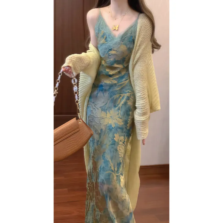 国风新中式轻奢千金风吊带连衣裙气质鱼尾长裙&防晒空调开衫9172