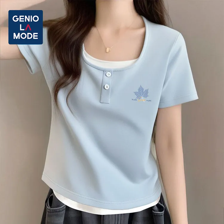 捷尼拉莫正肩短袖t恤女新款夏季辣妹穿搭小个子设计感假两件上衣