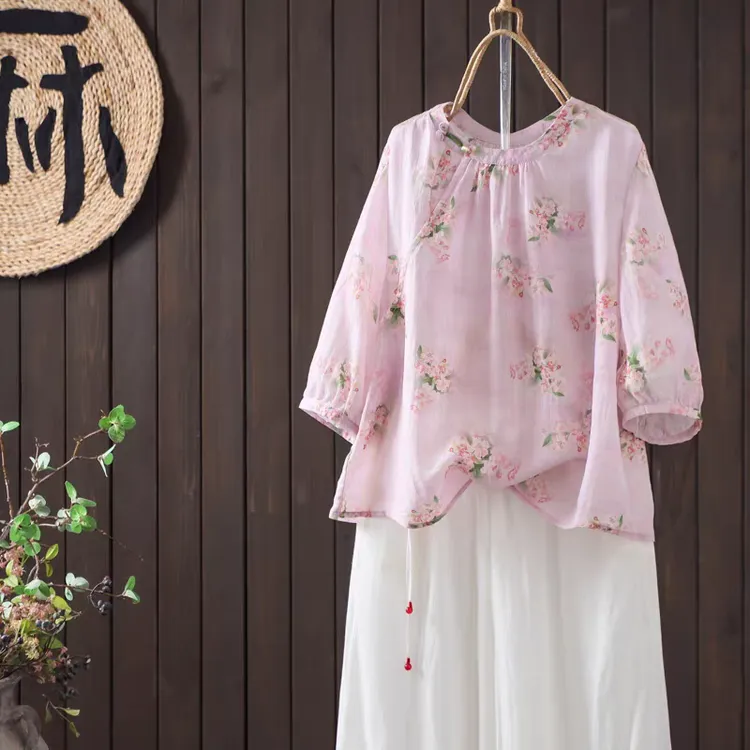 夏季新款复古圆领印花苎麻五分袖衬衫女休闲宽松套头小衫显瘦上衣