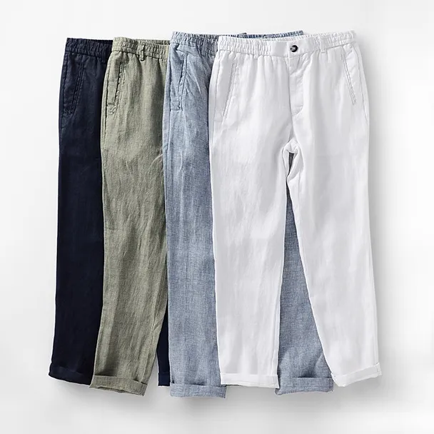 华克男装新款百分百亚麻中腰内抽绳休闲裤