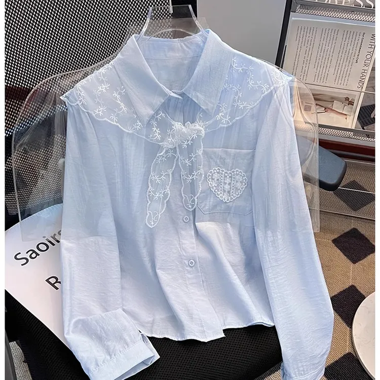 蓝色蕾丝披肩外搭衬衫女新款法式春季漂亮小衫设计感小众上衣衬衣