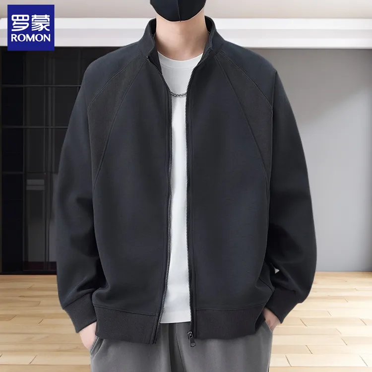 罗蒙外套男装开衫卫衣上衣拼接立领夹克男士秋季新款宽松休闲运动