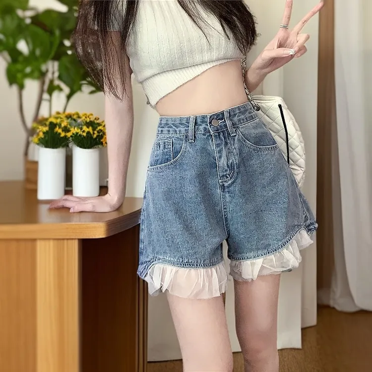 GPTSu2025年夏季蕾丝牛仔短裤女高腰显瘦浅色辣妹大码A字阔腿裤子