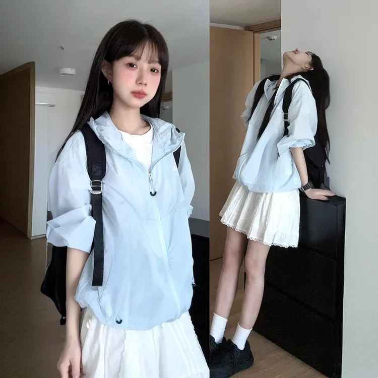 品牌蓝色防晒衣女夏季2025新款宽松薄款小个子巨好看的防晒服外套