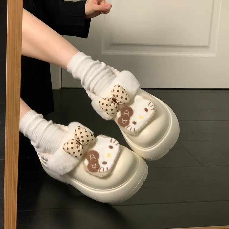 KT猫可爱蝴蝶结厚底棉鞋女款2025秋冬新款防水防滑一脚蹬雪地鞋子