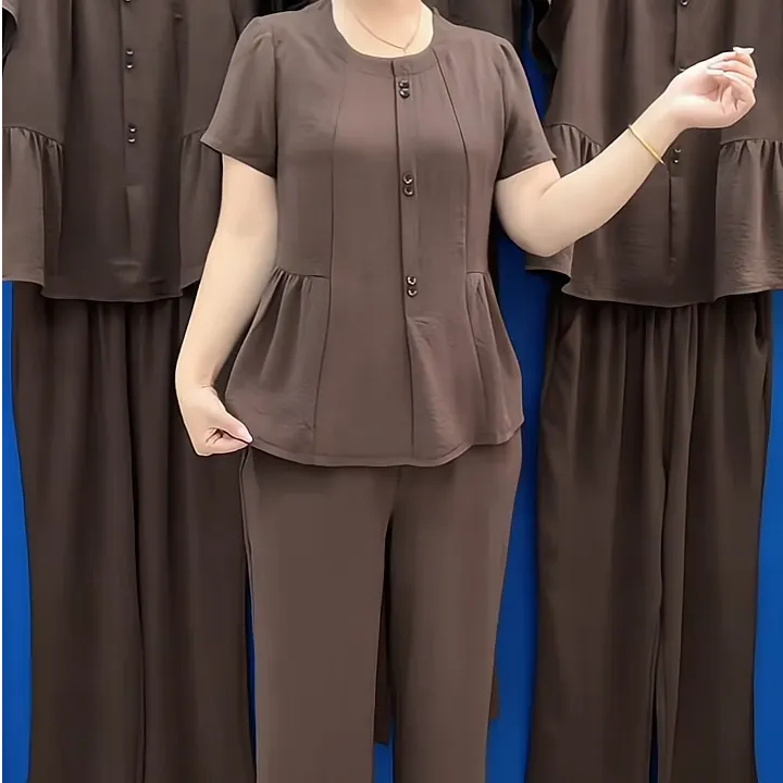 夏款翻领短袖套装百搭减龄中年妈妈装2025新款宽松休闲女装两件套