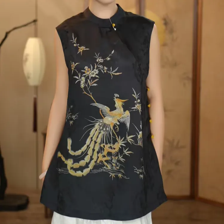 【南油高定】新中式夏季薄重工香纱提花锻无袖黑色旗袍连衣裙女气质