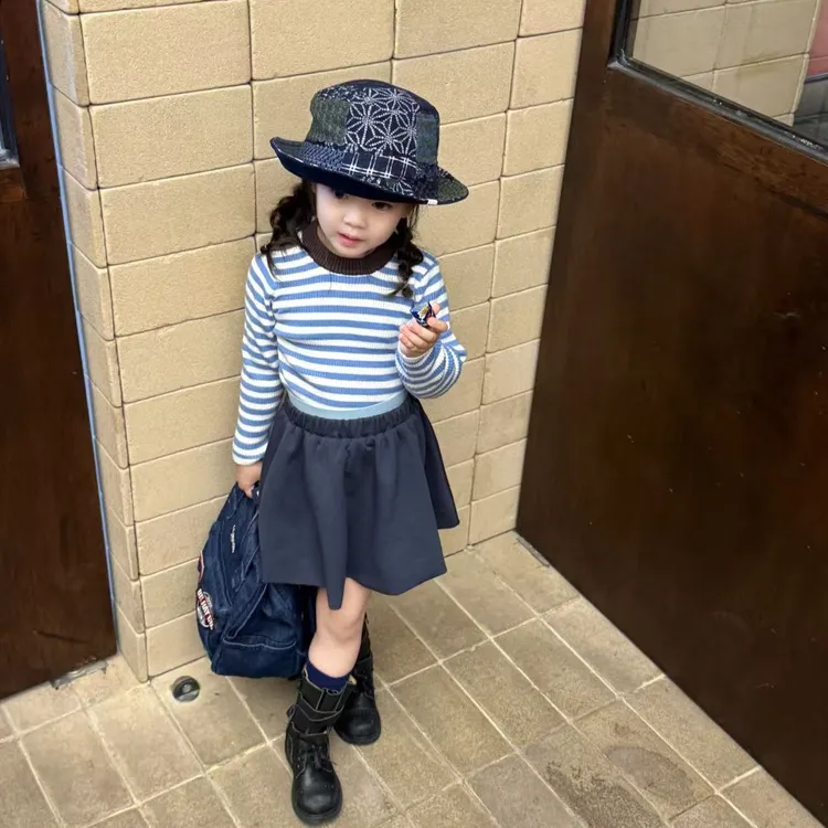 壹妈韩版童装女童秋季学院风套装洋气儿童休闲蓝色条纹上衣半身裙
