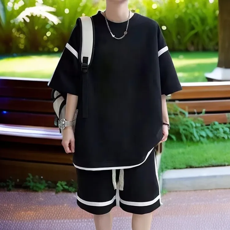 男纯色夏季青年薄款韩版运动套装运动潮流男士帅气时尚情侣宽松