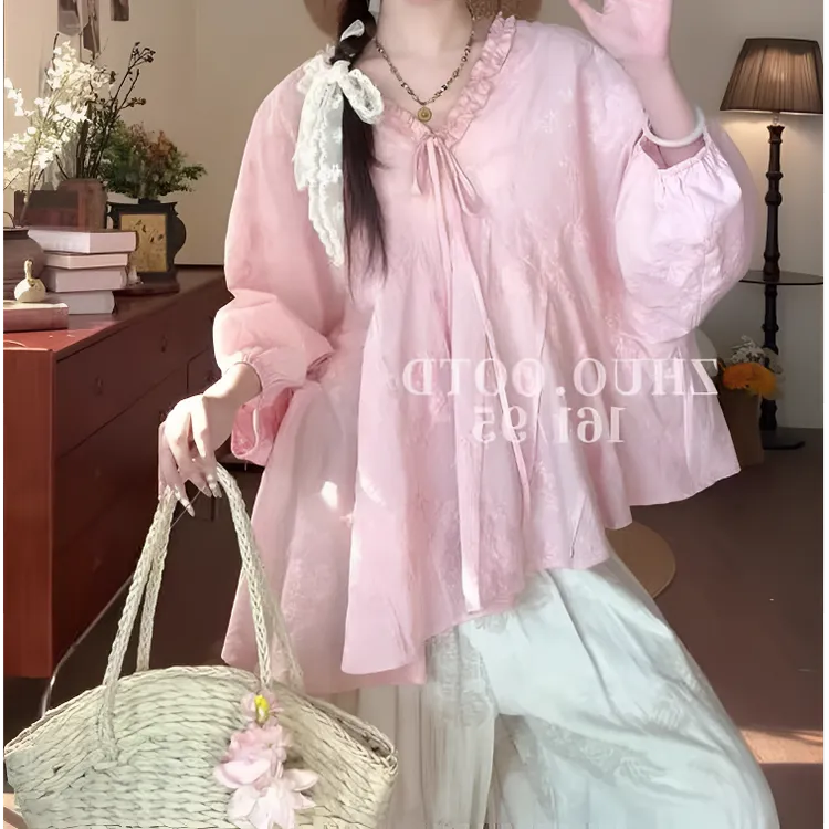 韩系小众木耳边V领下摆不规则衬衫女夏季宽松洋气别致娃娃衫上衣