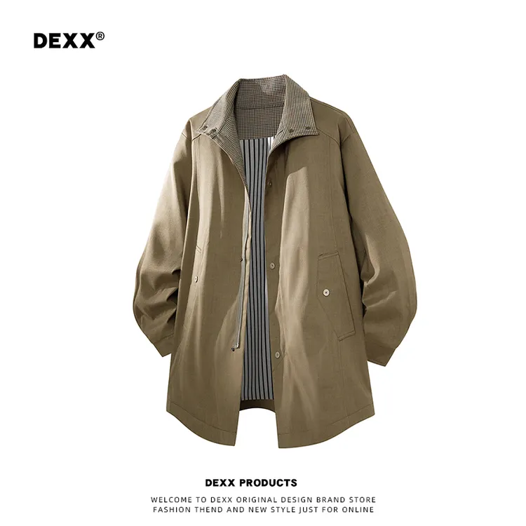 DEXX美式格子翻领中长款风衣外套男秋季潮牌痞帅百搭休闲夹克上衣