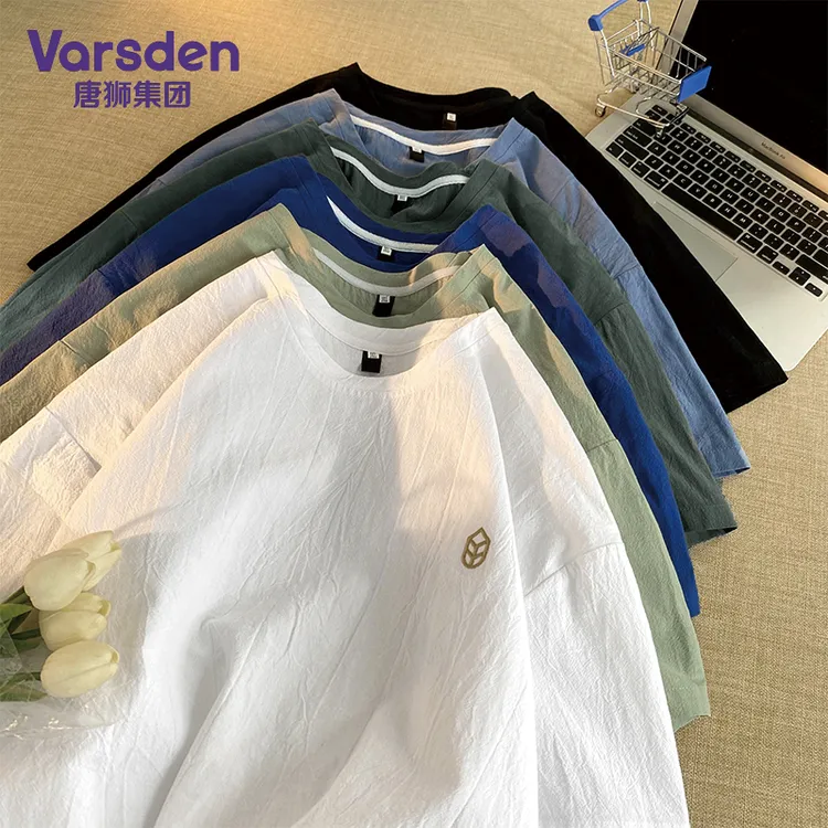 唐狮集团Varsden夏季亚麻短袖速干t恤男士港风刺绣冰丝大码潮t