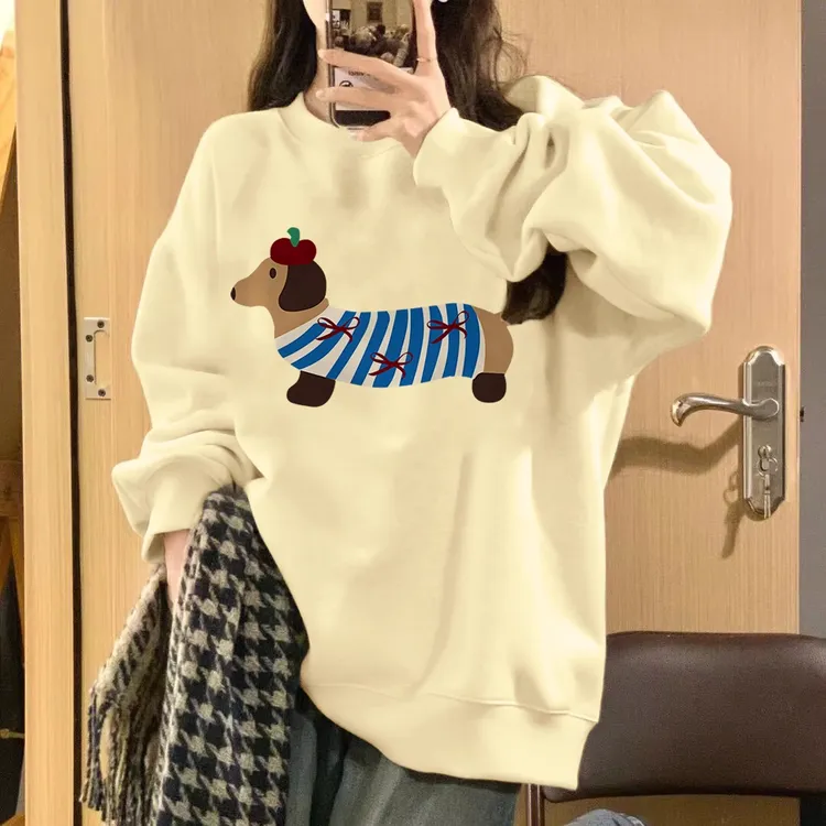 大码300斤宽松腊肠狗圆领男士打底衫卫衣女秋冬新款春秋加绒加厚