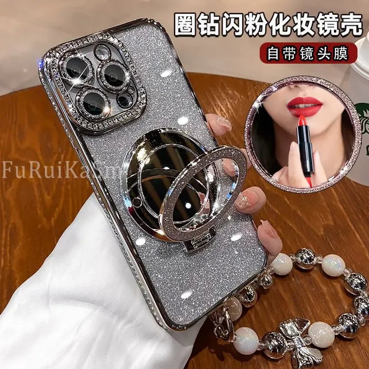 奢华水钻适用苹果16promax手机壳2025新款16高级挂链14镜子支架15