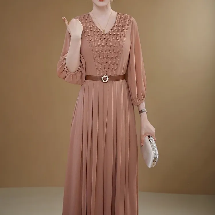 送腰带!高档轻奢纯色V领连衣裙2025夏季新款气质优雅七分袖A字裙