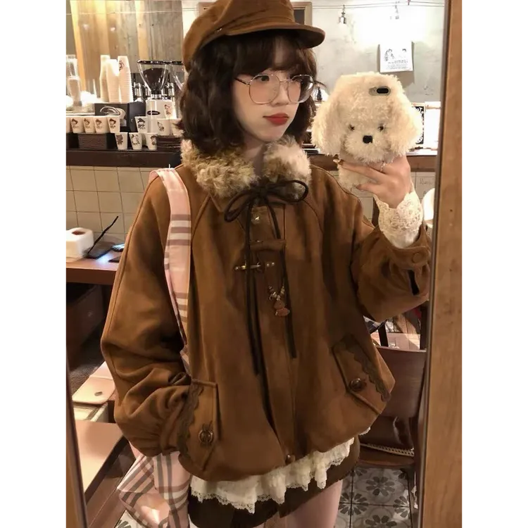 蝴蝶结毛领鹿皮绒棉服女冬季夹棉加厚保暖复古vintage宽松苞外套