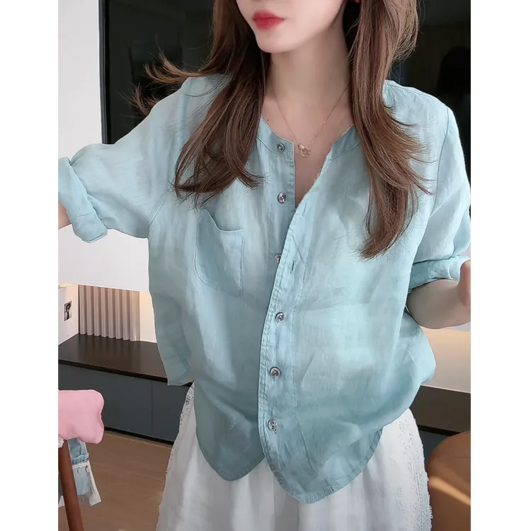 欧货洋气纯色苎麻中袖衬衫女2025夏季新款时尚极简透气凉快上衣薄