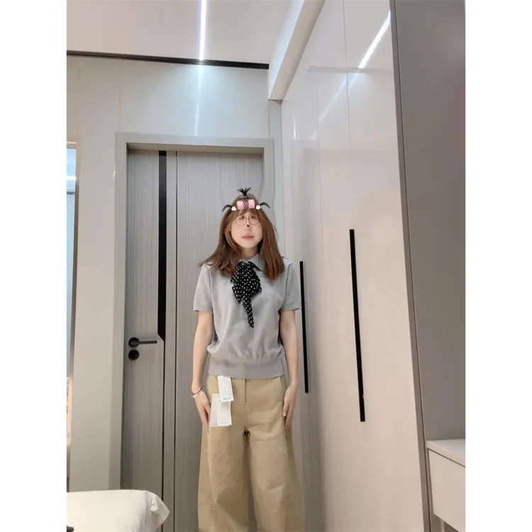 港风chic灰色松弛感polo领短袖针织衫女春秋原宿风百搭小众上衣潮