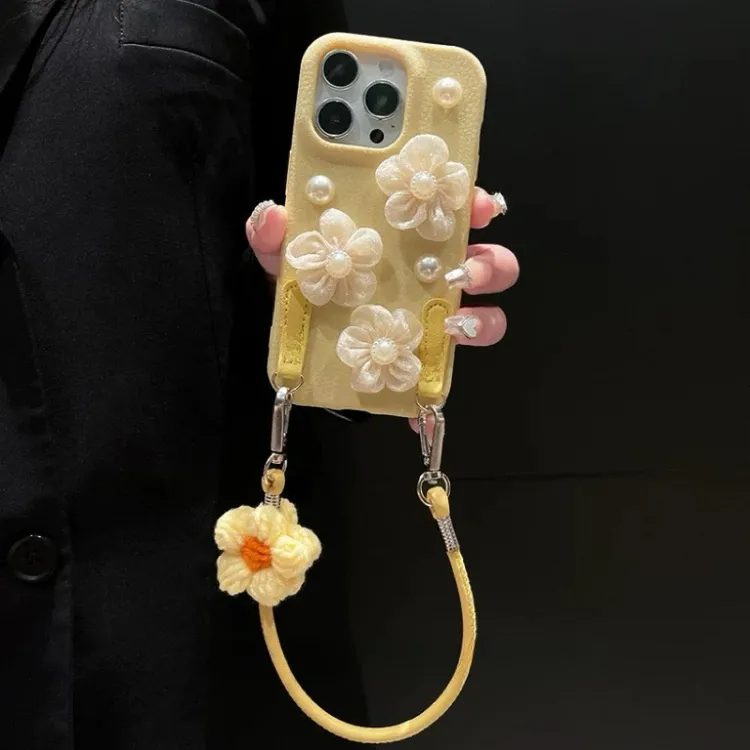 立体珍珠花朵适用苹果16ProMax手机壳iphone15pro新款14pro皮纹13