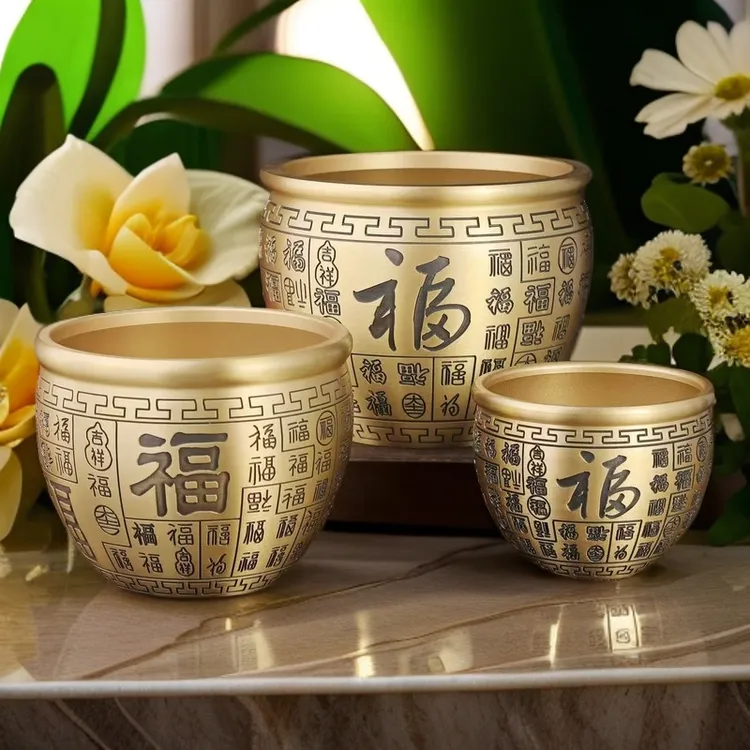 精品黄铜实心大号百福缸精雕福字金蟾缸米缸中式高档家居装饰摆件