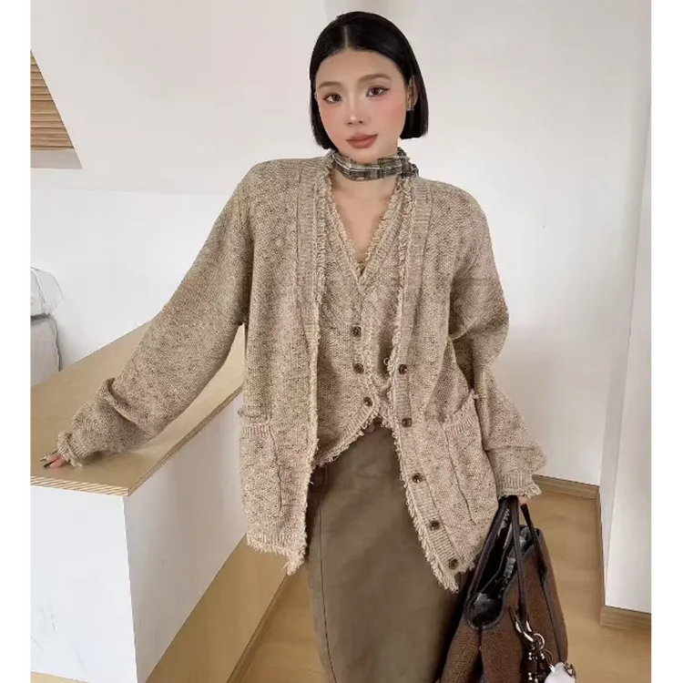 网感韩系秋冬小香风慵懒松弛感轻熟重工流苏毛衣背心针织外套套装